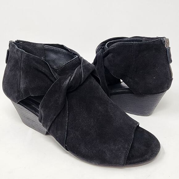 Eileen Fisher Bootie Women 7.5 Anise Black Suede Peep Toe Stacked Heel Back Zip - Picture 1 of 9